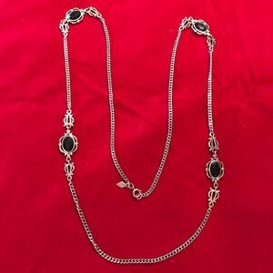 Vintage Sarah Coventry Long Silver Chain with Black Jeweled Station Necklace